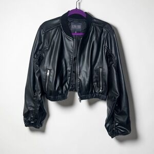 Alivia Ford Womens Black Faux Leather Cropped Bomber Jacket Ruched Sleeve Large